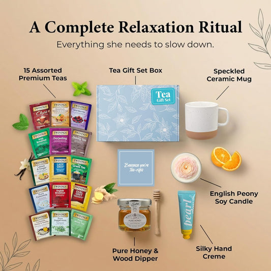 Tea Gift Set with Ceramic Mug, Candle & Honey