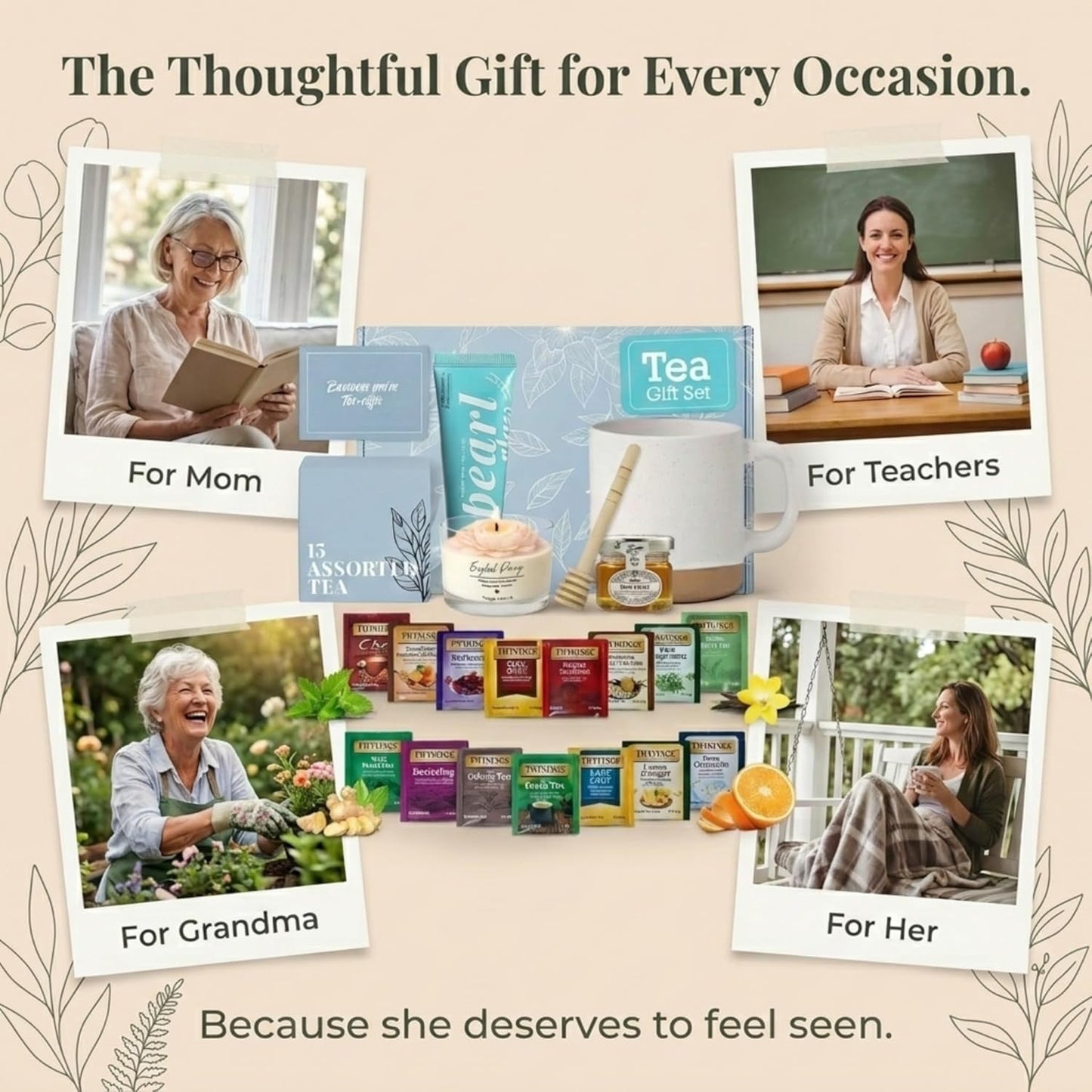 Tea Gift Set with Ceramic Mug, Candle & Honey