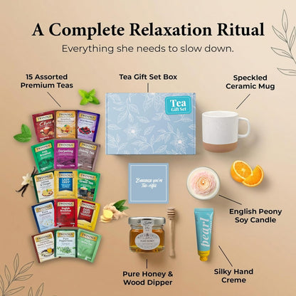 Tea Gift Set with Ceramic Mug, Candle & Honey