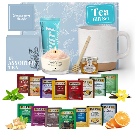 Tea Gift Set with Ceramic Mug, Candle & Honey